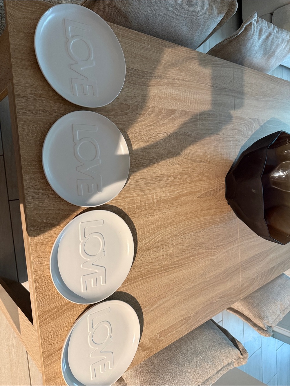 Crate&Barrel White "LOVE" Embossed Dinner Plates (Set of 4)